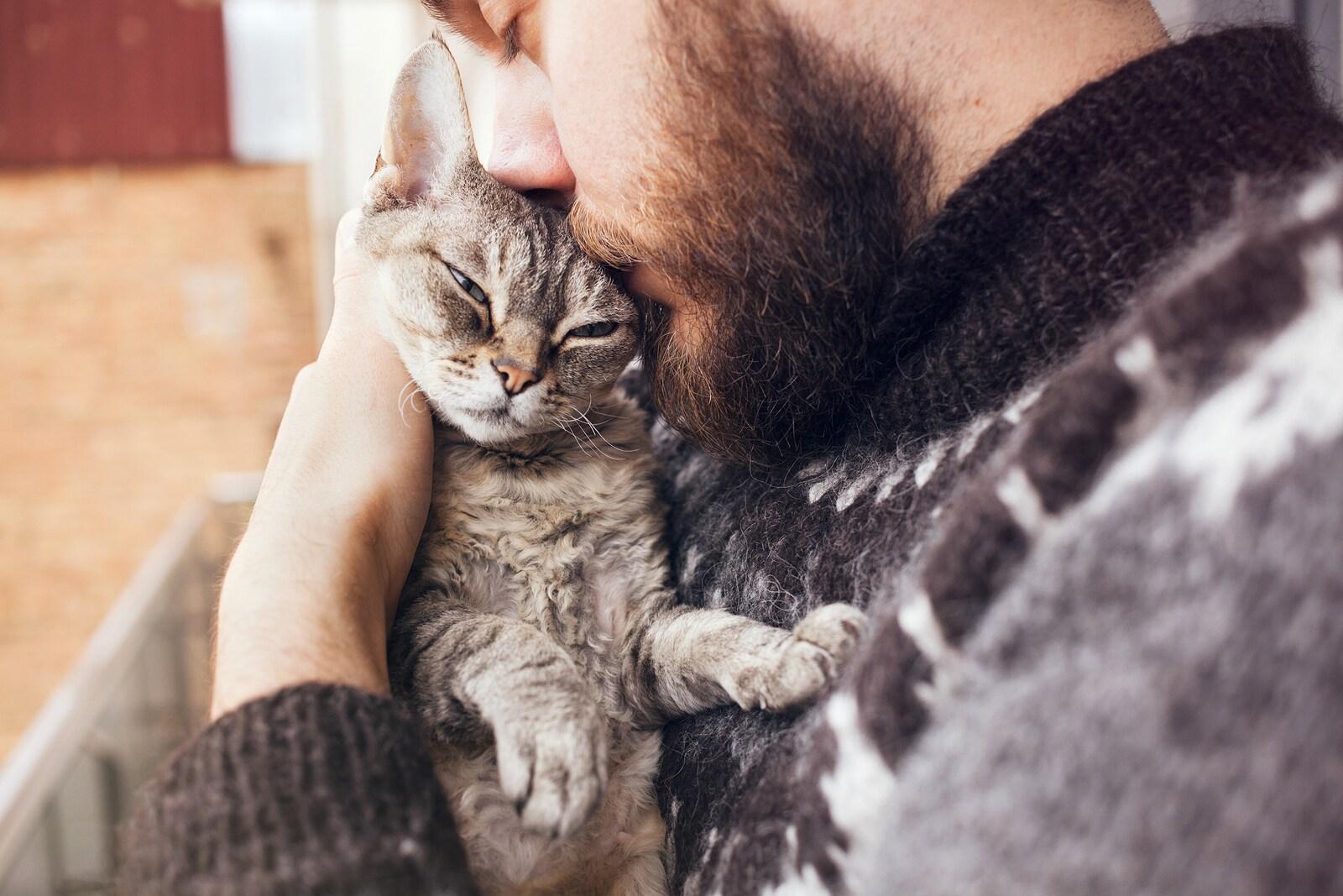 Bearded man hugging a gray cat closely to his chest.