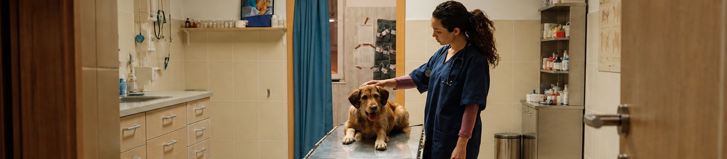 Veterinarian petting a large dog on the examination table of a vet’s office 
