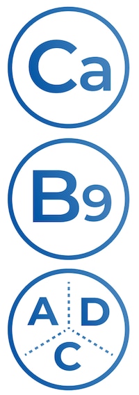 A set of three icons: a calcium icon, a B9 icon, and a vitamin A, D, C icon
