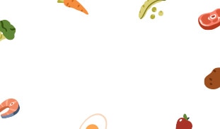 Natural pet food ingredients scattered on a white background